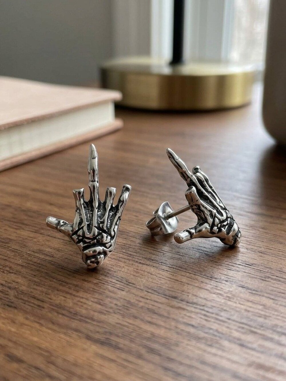 Mens Skeleton Hand Stud Earrings Stainless Steel Bone Rock Sign Screw Back Pair